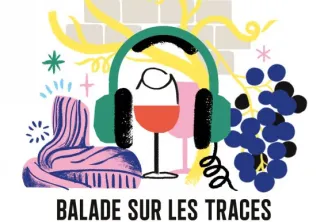 Colorful illustration of a stylized figure wearing green headphones surrounded by wine-related symbols including blue grapes, yellow vine leaves and a red wine glass, with text 'A walk in the footsteps of wine in the city'
