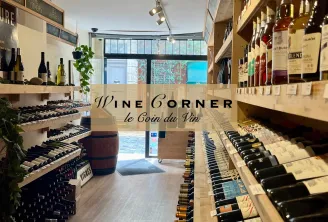Interior of Wine Corner - Le Coin du Vin shop in Bordeaux, featuring wooden shelves displaying wine bottles, a wooden barrel, green plants, and storefront signage.