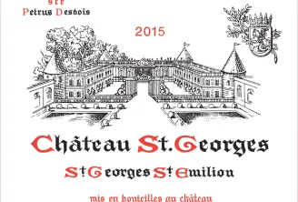 Wine label for Château St.Georges 2015, Saint-Georges Saint-Émilion, bottled at the château, featuring an engraved illustration of the château and Bordeaux coat of arms