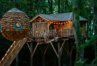 Girondine treehouses in Bordeaux: wooden structures with shingled roofs, connecting walkway and elevated platform nestled in the forest
