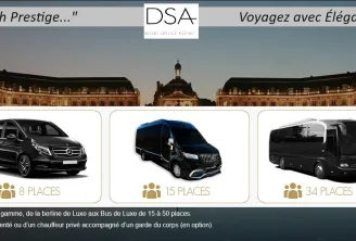 DSA luxury vehicle fleet in Bordeaux: 3-seat sedan, 8-seat minivan, 15-seat minibus, 34-seat coach, and 50-seat bus, with Place de la Bourse backdrop