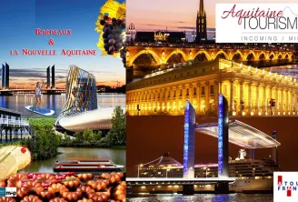 Collage showcasing Bordeaux tourist attractions in Aquitaine: illuminated monuments at night, stone bridge, historic buildings, local products and Aquitaine Tourism logo