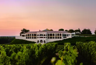 Château Plain Point in Bordeaux: modern white building with elegant façade overlooking vineyards, at sunset with pink and mauve sky