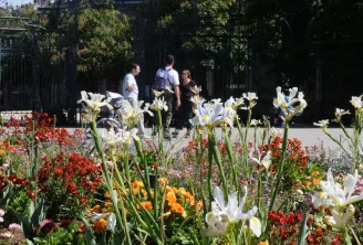 Blooming flower garden in Parc Bordelais featuring white irises, red and orange dahlias, and pink flowers in the foreground, with visitors and ornamental fencing visible in the background.