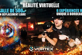 Three people wearing virtual reality headsets in a 500m² immersive room in Bordeaux, surrounded by explosive visual effects and fire, showcasing the 6 unique VR experiences at Vortex Experience.