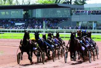 Harness racing horses pulling sulkies at Bordeaux-Le Bouscat racecourse with spectators in the grandstands.
