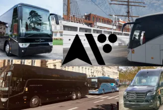 Collage of Autocars Vincent passenger transport vehicles in Bordeaux, featuring modern coaches, a sailing ship, and utility vehicles, with the company logo in the center