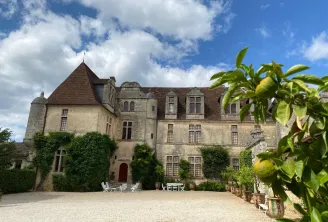 Frontal view of Château Le Grand Verdus in Bordeaux, a stone manor house with a tower, surrounded by greenery and grapevines, under a partly cloudy blue sky.