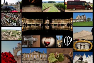 Collage of photographs showcasing Bordeaux and its surroundings: castles, vineyards, illuminated Place de la Bourse, historic monuments, vehicles, bicycles, red flowers and wine landscapes.