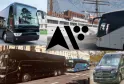 Collage featuring various coaches and buses for passenger transport, including Volvo and Mercedes vehicles, with Autocars Vincent logo in the center, showcasing transport services in Bordeaux.