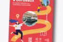 Poster for a treasure hunt in Bordeaux from the Grand Theatre to Saint-André Cathedral, featuring an illustrated yellow route with landmarks and characters on a red background.