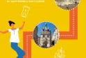Poster for a Bordeaux treasure hunt game featuring a route between Saint-Pierre and Sainte-Croix ramparts, with historic monument illustrations and a figure in motion on a yellow background