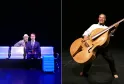Two theatrical scenes at the Pont Tournant Theater in Bordeaux: on the left, two costumed actors sitting on illuminated blue chairs with luggage; on the right, a musician playing cello in formal attire.