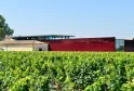The Red Terrace in Bordeaux, a modern building with red and glass facades, extended from an old stone structure, surrounded by vineyards.