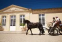 A black horse-drawn cart with three passengers in front of the classical facade of Château Desmirail in Bordeaux, under clear blue sky