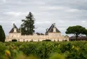 Château de Cérons, a classical mansion with mansard roofs, surrounded by lush vineyards in the Bordeaux region, with trees and a cloudy sky in the background.