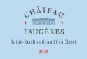 Wine label for Château Faugères, Saint-Émilion Grand Cru Classé vintage 2012, featuring a château illustration and light blue background