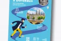 Poster for the Bordeaux treasure hunt trail 'From Chartrons to Bassins à flot', featuring an illustration of a person in motion, photographs of Bordeaux landmarks, and navigation icons.