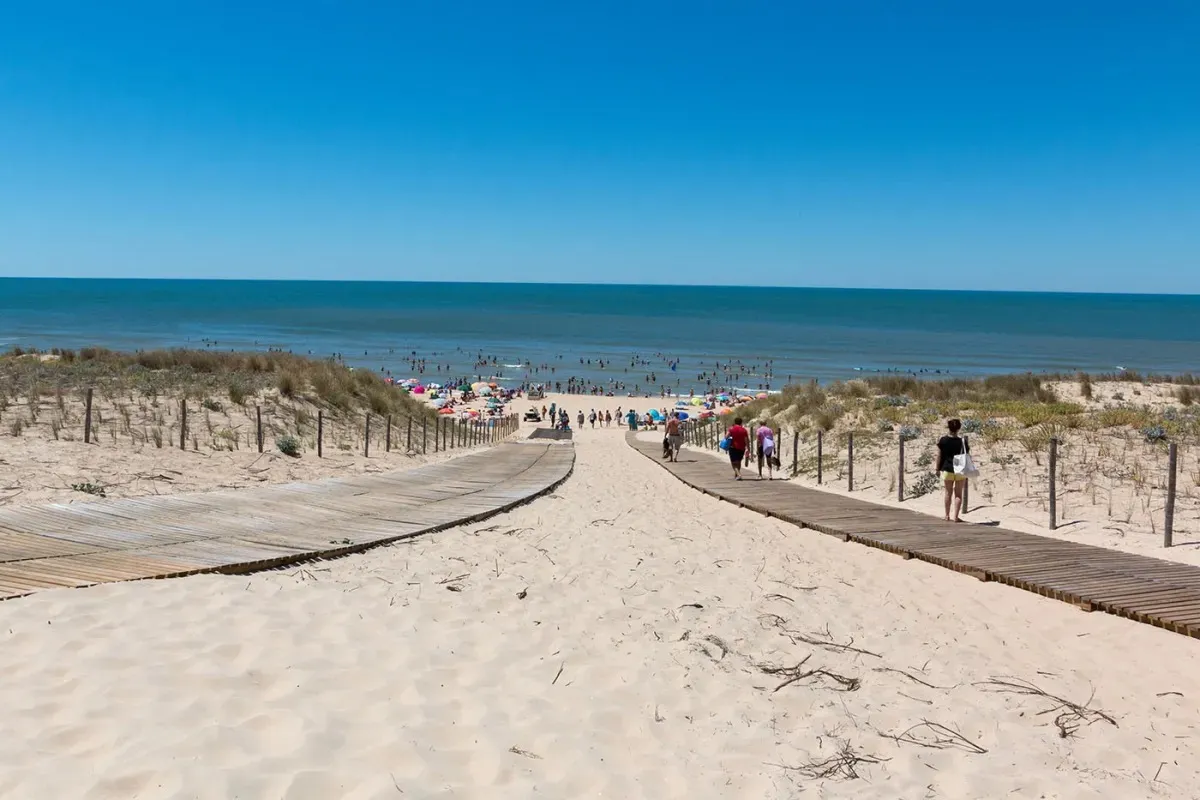 Sandy beach with a wooden boardwalk pathway leading to the sea. Grassy dunes line both sides, with beachgoers and umbrellas visible on a sunny day.